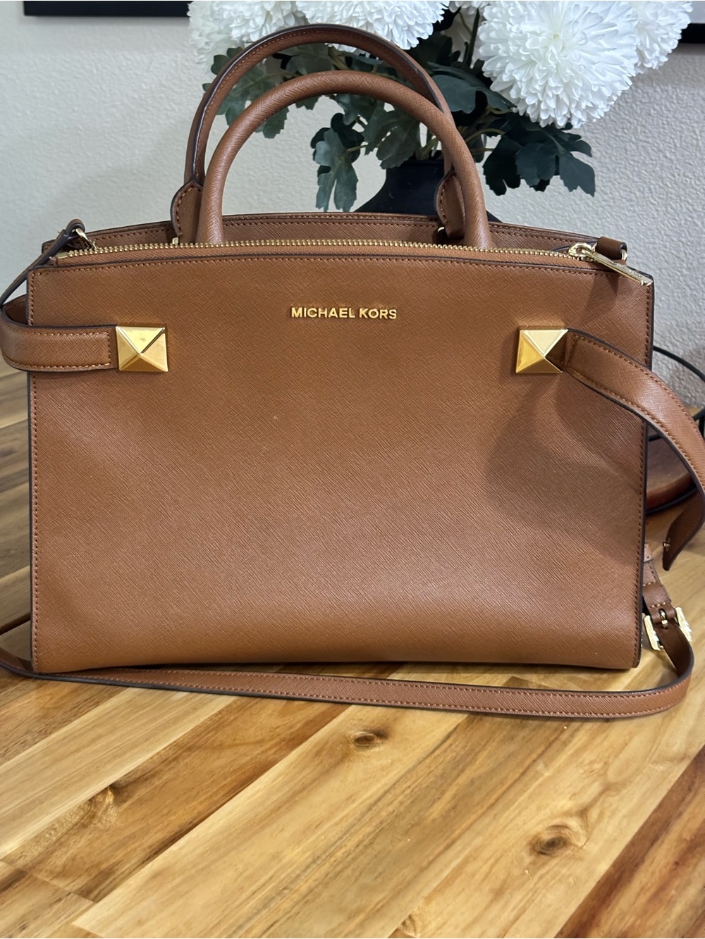 Michael Kors Brown Leather Satchel with Gold Hardware
